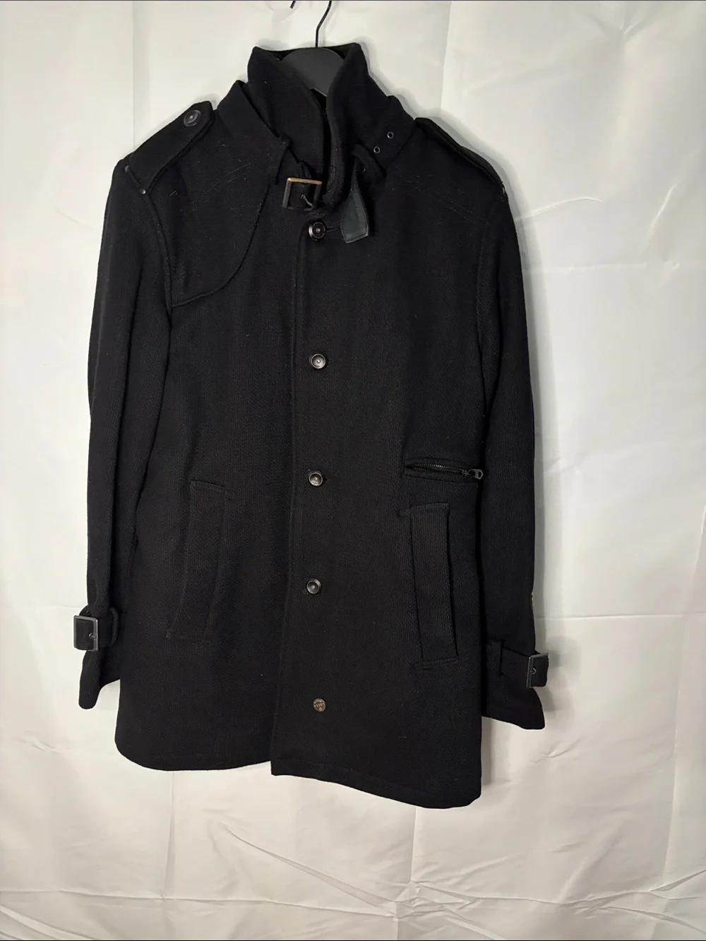 G-Star Black Trench Coat with Stand Collar & Buckle Accents